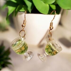 Green Glitter Wine Glass Earrings